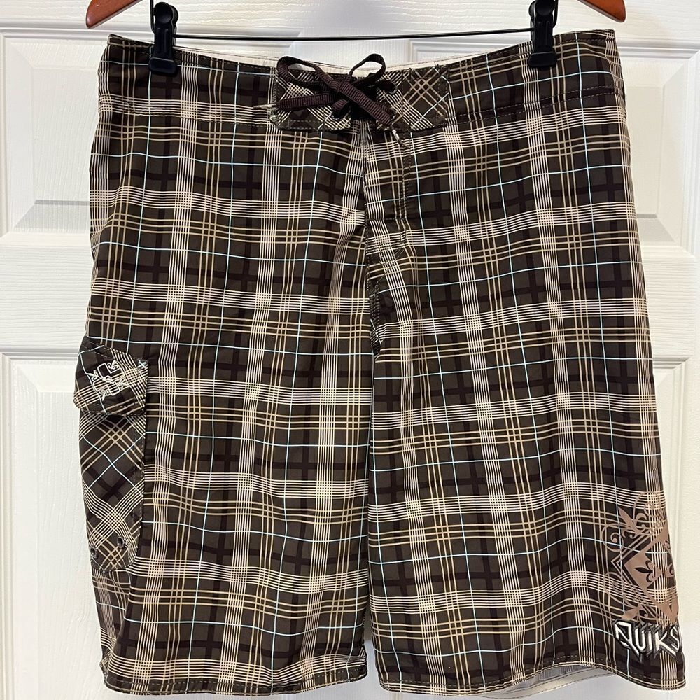 Quiksilver Brown Plaid Board Shorts Swim Trunks sz 34